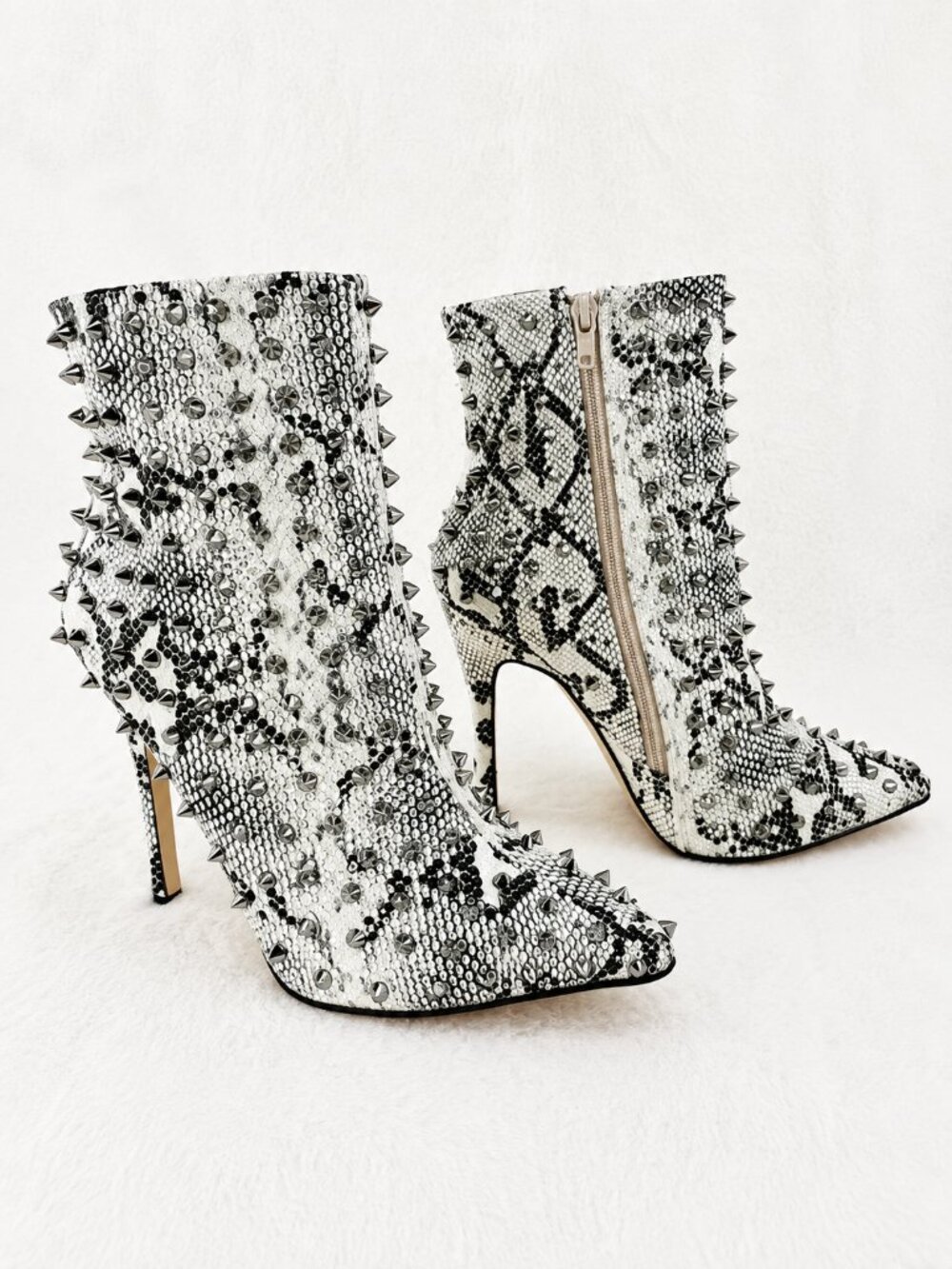 Passion Off White Black Snake Spiked 4.5" High Heel Ankle Boots